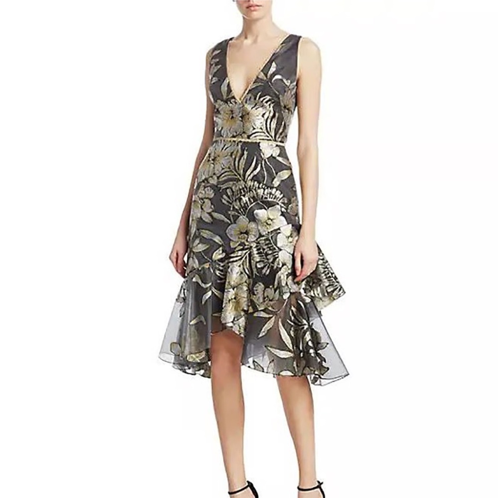NWT Marchesa Notte Metallic Floral Print Asymmetrical Flounce Dress